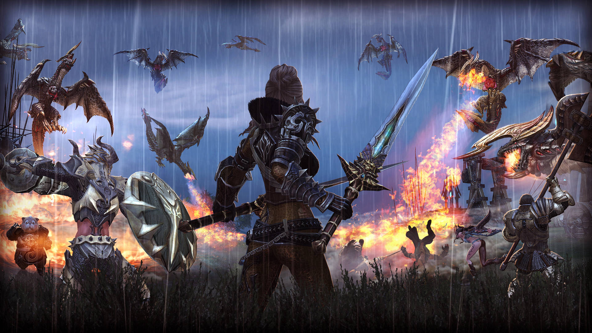 《Tera Online》遊戲中的戰龍戰鬥 壁紙 — 一名身穿暗色盔甲的戰士背對火焰站立，龍與怪物在暴風雨戰場上激戰。