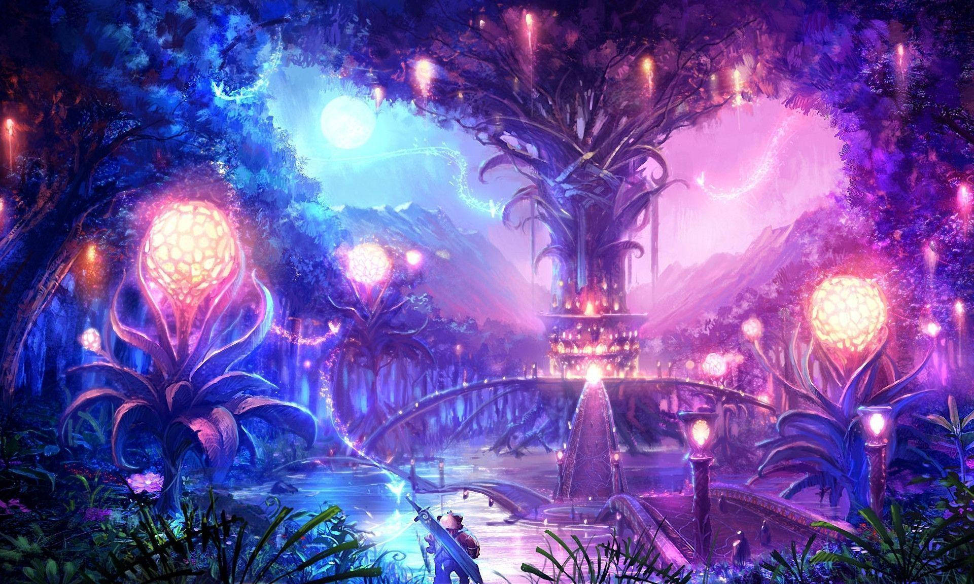 一個孤獨的旅人穿過一座發光的橋，穿越一個神奇的森林，森林中有發光的植物和一棵大樹。