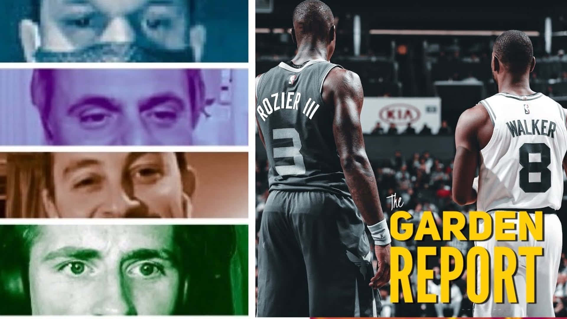 Terry Rozier 花園報導 壁紙 — 分割圖像拼貼，展示彩色濾鏡下的特寫面孔及兩位籃球運動員在球場上的背面。