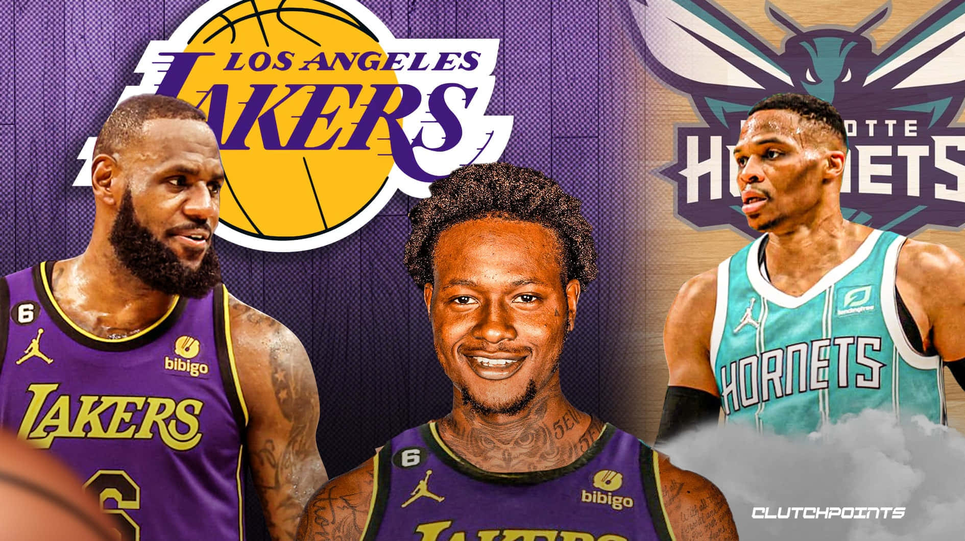 三位身穿湖人隊和黃蜂隊球衣的NBA球員，身後有球隊標誌擺姿勢。