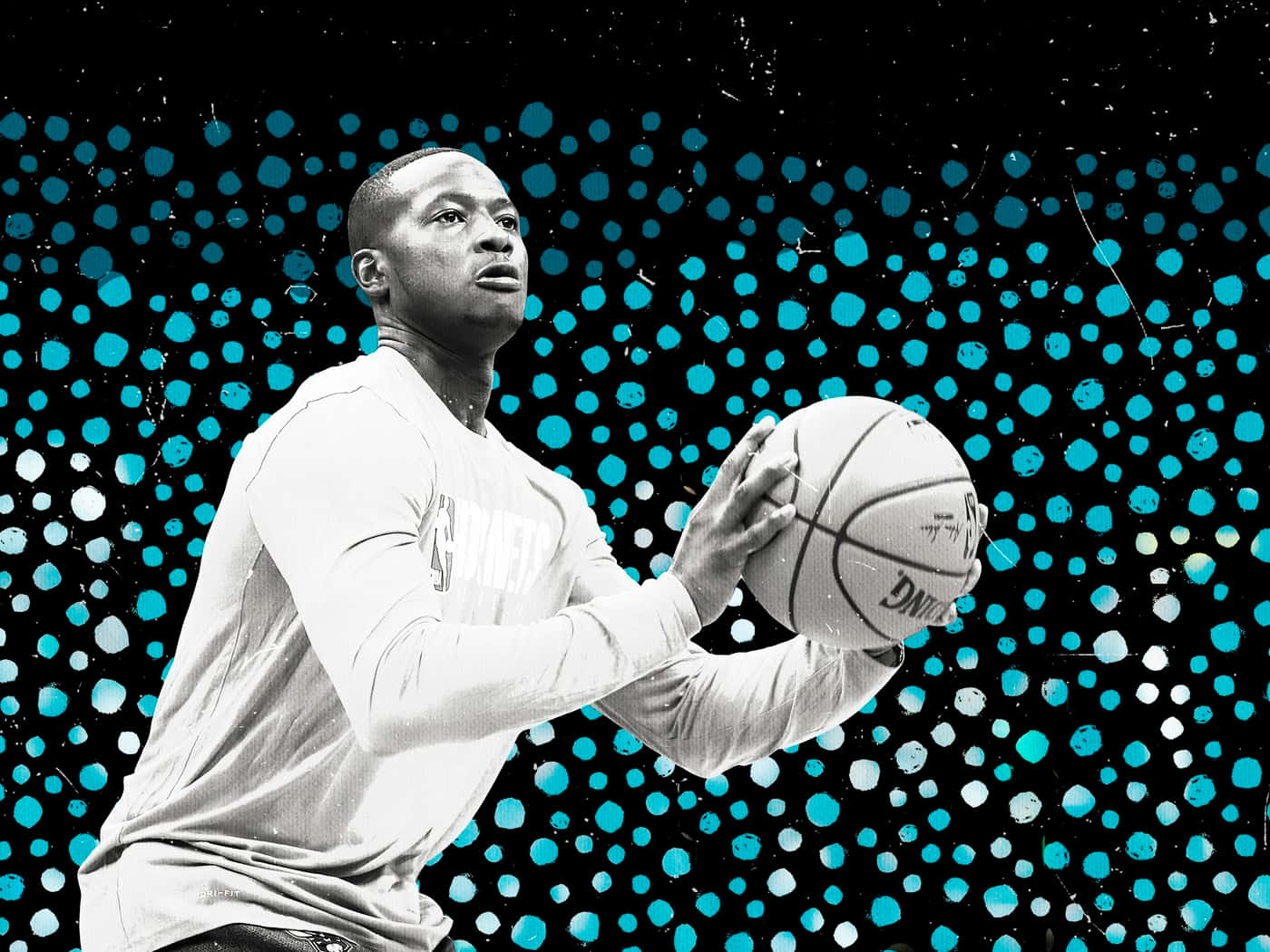 Terry Rozier 藍色波點背景粉絲藝術 壁紙 — 一個單色籃球運動員在充滿活力的青綠色和白色斑點背景前拿著球。