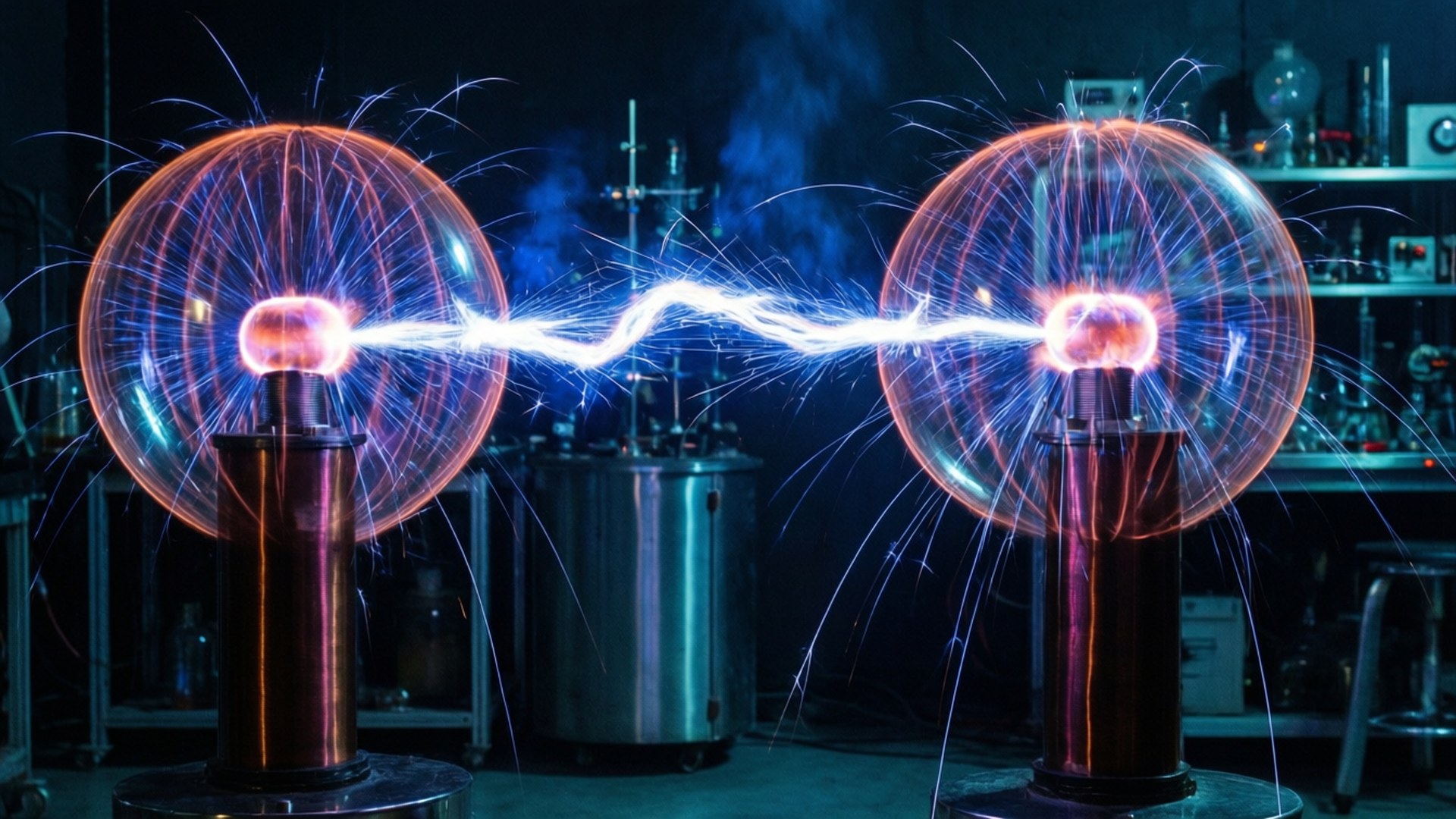 兩個特斯拉線圈在黑暗的實驗室環境中發出電弧