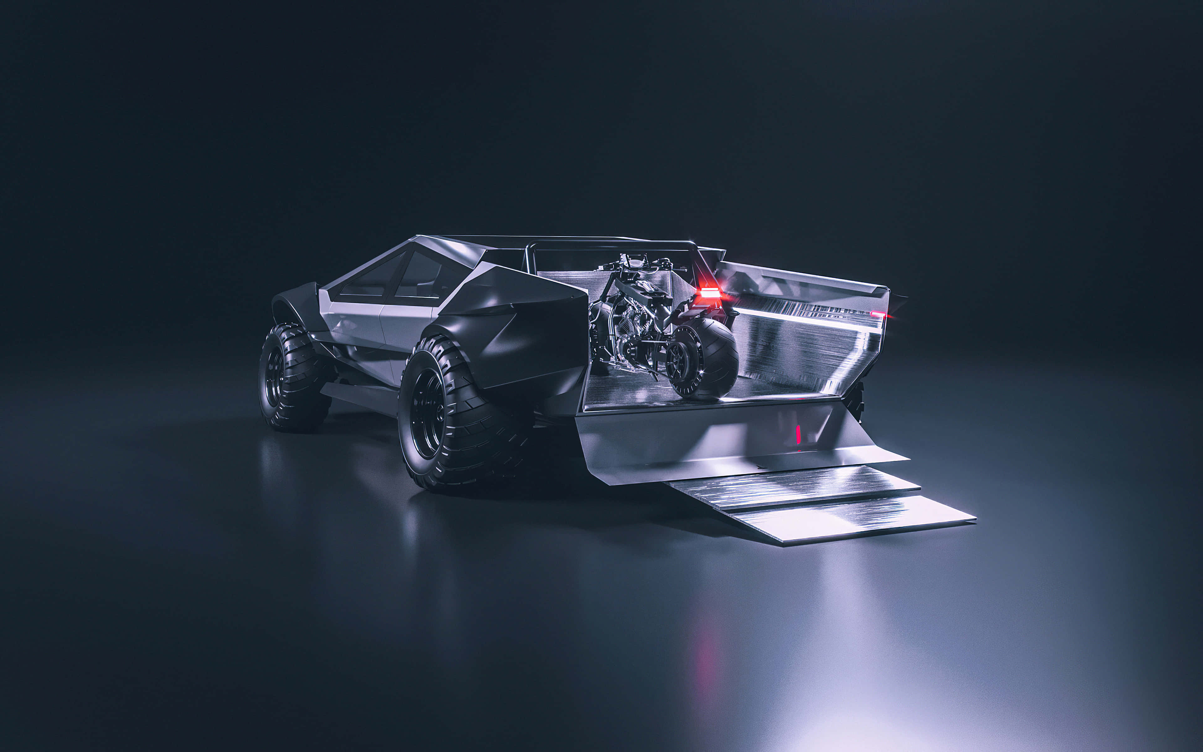 Tesla Cybertruck - 準備迎接未來 壁紙 — 在戲劇性的工作室燈光下，一輛未來主義的黑色裝甲車，摩托車從其後部坡道駛出。