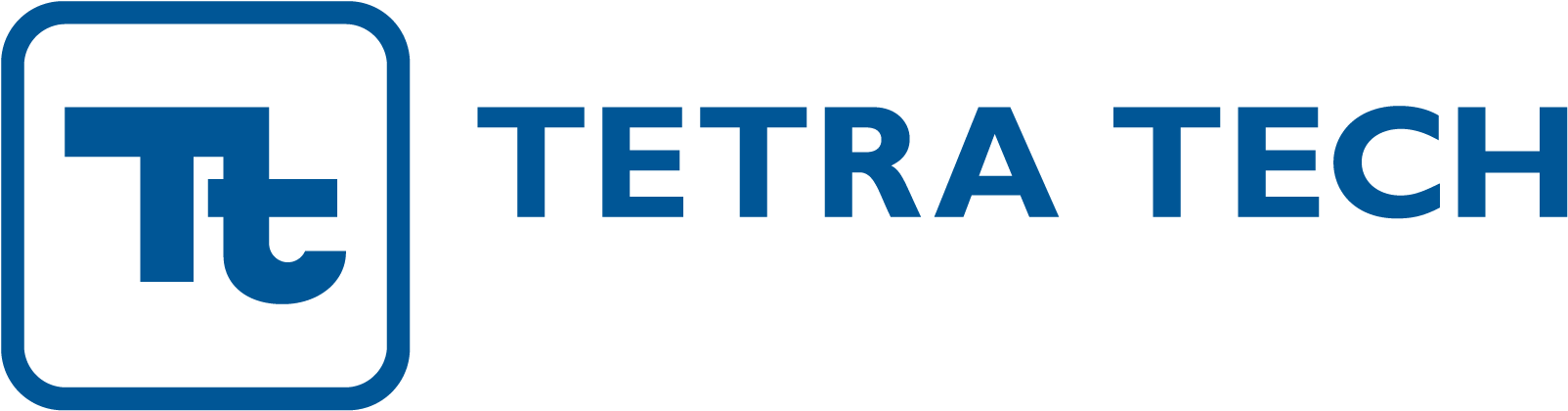 Tetra Tech 公司標誌 壁紙 — 黑色背景上正方形內帶有風格化Tt圖示的藍色Tetra Tech標誌。
