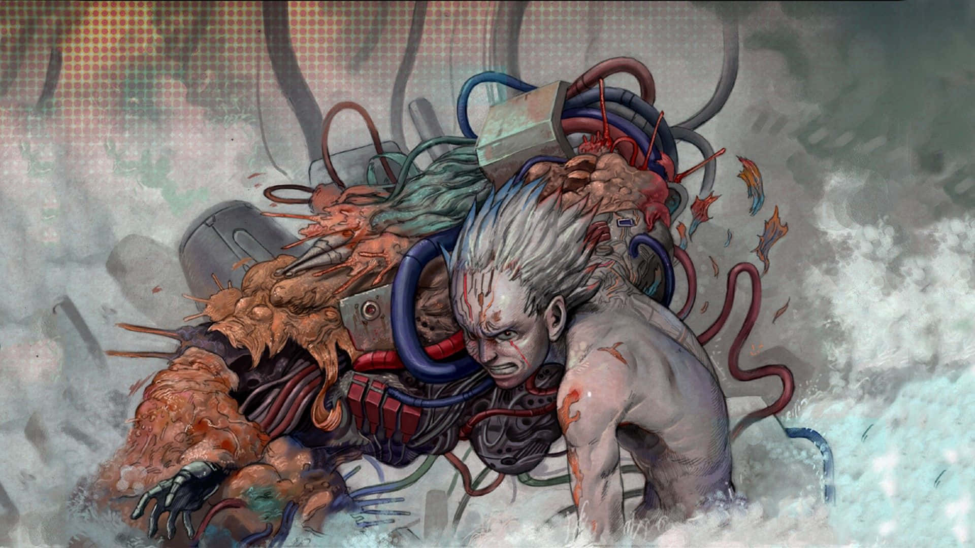 Tetsuo Shima 的 Akira 背景 壁紙 — 一位白髮且機械外露的賽博格戰士在風暴肆虐、 gritty 的環境中奮力掙扎。