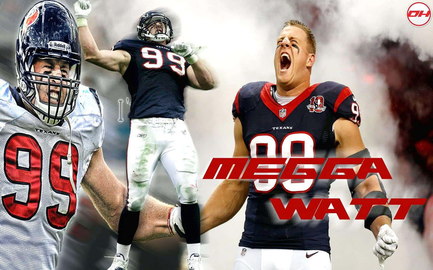 休士頓 Texans 的 JJ Watt 壁紙 — 三名侯斯頓德州人美式足球員以動作姿勢呈現，帶有 'MEGGA WATT' 文字疊加在煙霧背景上。