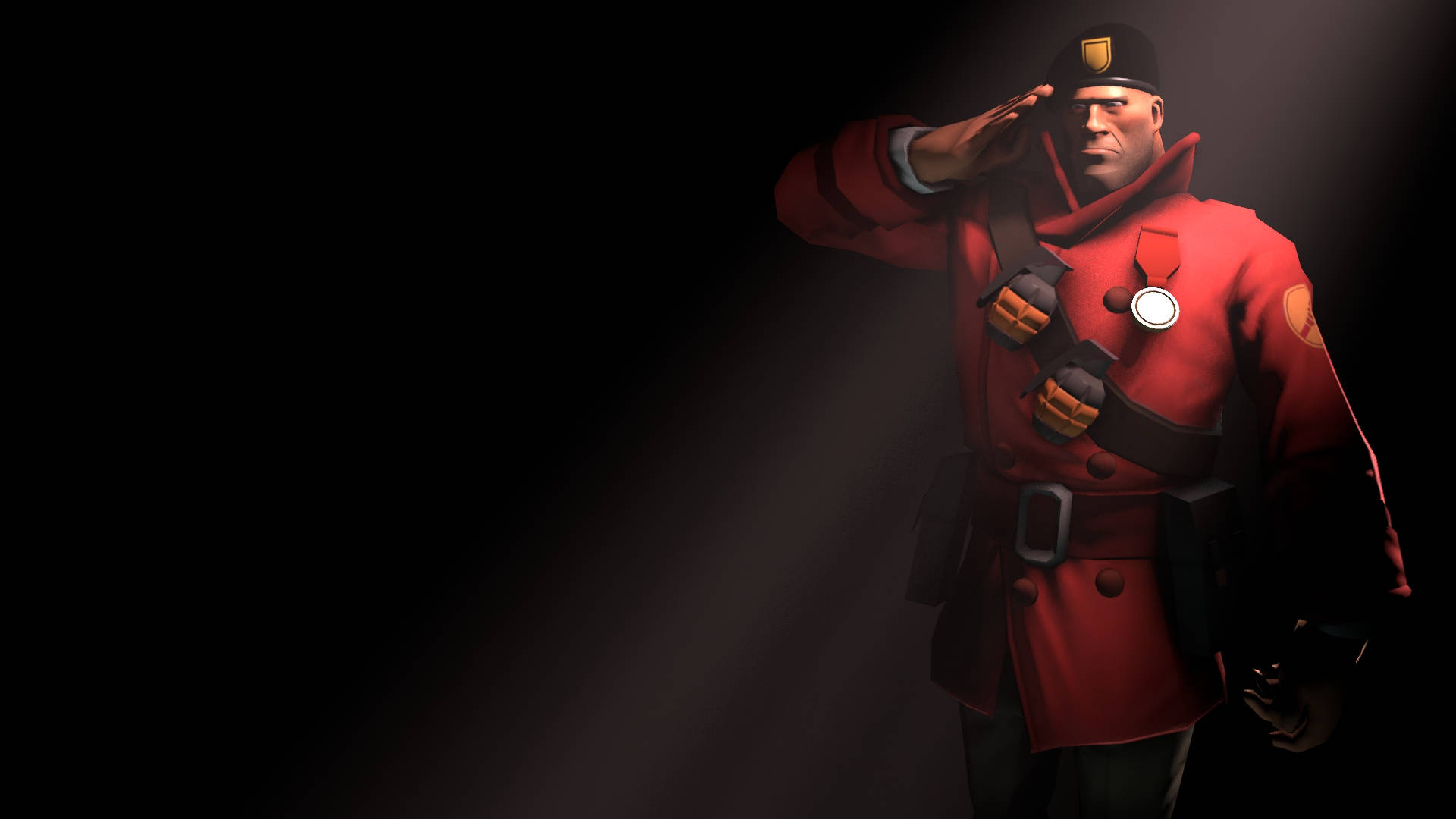 Tf2 4K 士兵敬禮 壁紙 — 一名莊嚴的士兵身穿紅色制服，在戲劇性的聚光燈下向黑暗背景敬禮。