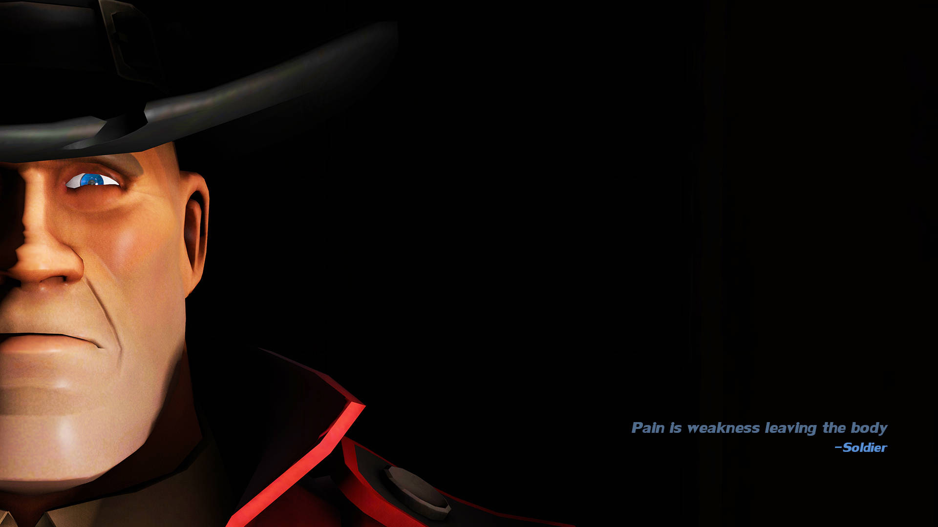 Tf2 4K 士兵海報 壁紙 — 一名嚴肅士兵的近距離特寫，戴黑色帽子，穿紅色鑲邊制服，背景深色，附有勵志文字。