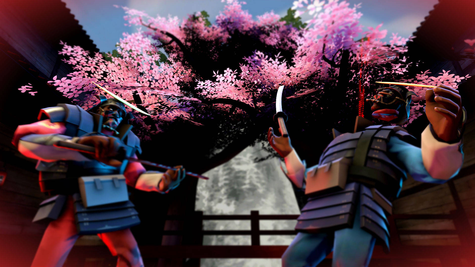 Tf2 4K 武士 壁紙 — 兩名武士戰士在鮮豔的粉紅色櫻花樹下激烈交鋒，構成戲劇性的數碼戰鬥場景。