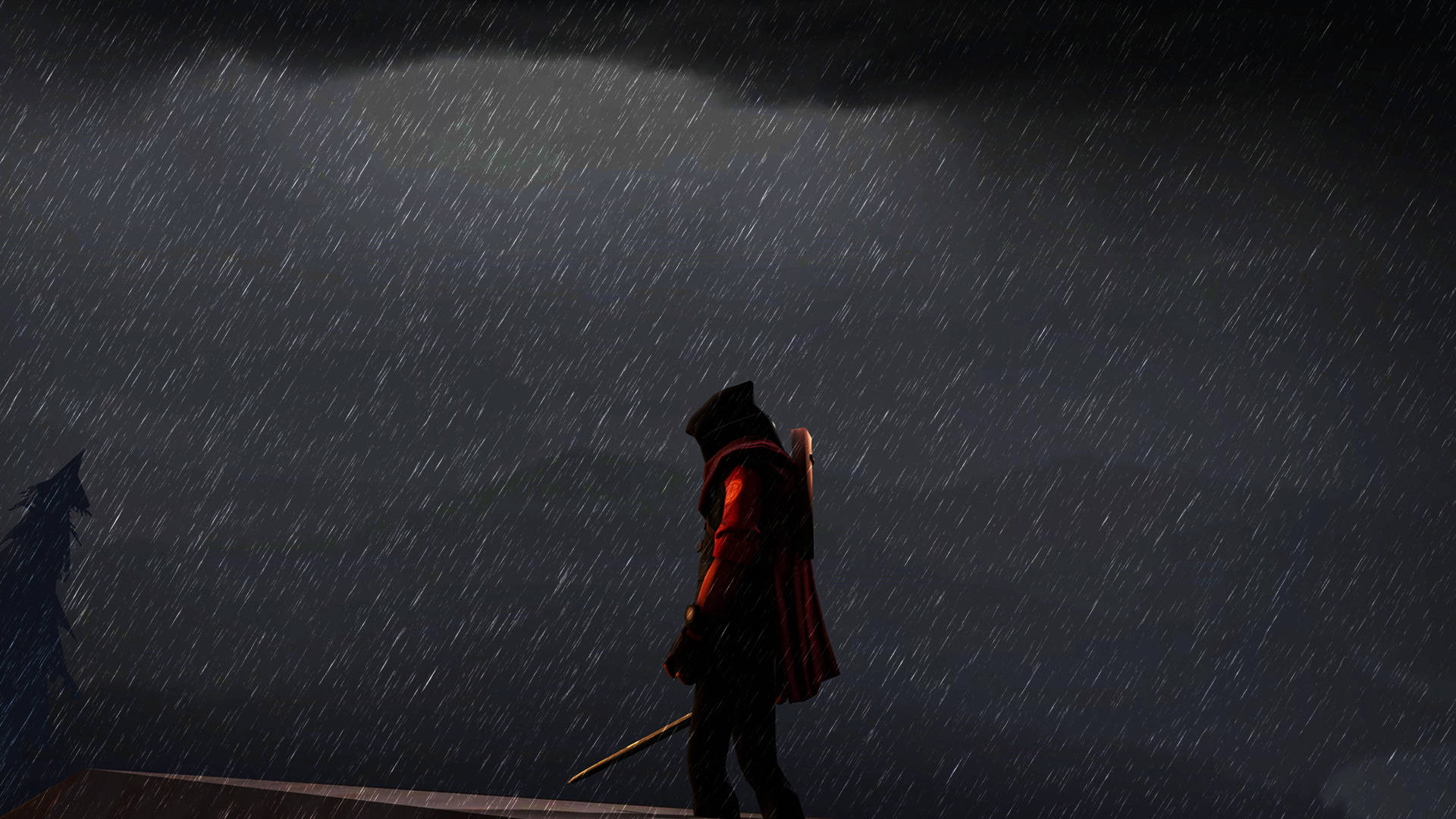 Tf2 4K 狙擊手雨中 壁紙 — 一個孤獨的戴帽人物穿著紅色斗篷，在黑暗暴風雨的天空下冒著大雨行走，身邊帶著一把劍。