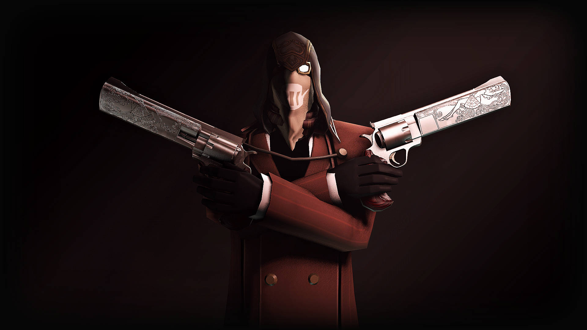 Tf2 4K 神偷海報 壁紙 — 一個戴面具、身穿紅色外套的人物在黑暗背景前交叉手持兩把華麗的左輪手槍。