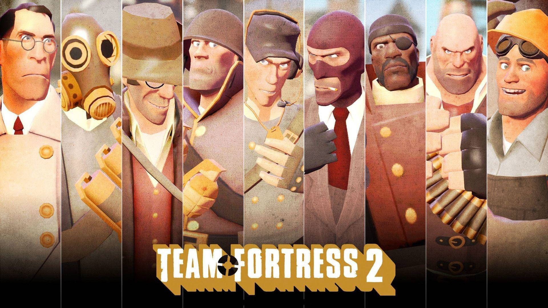Tf2 4K 角色拼貼畫 壁紙 — 一系列充滿活力的 Team Fortress 2 角色，身穿標誌性的卡通風格制服和裝備。