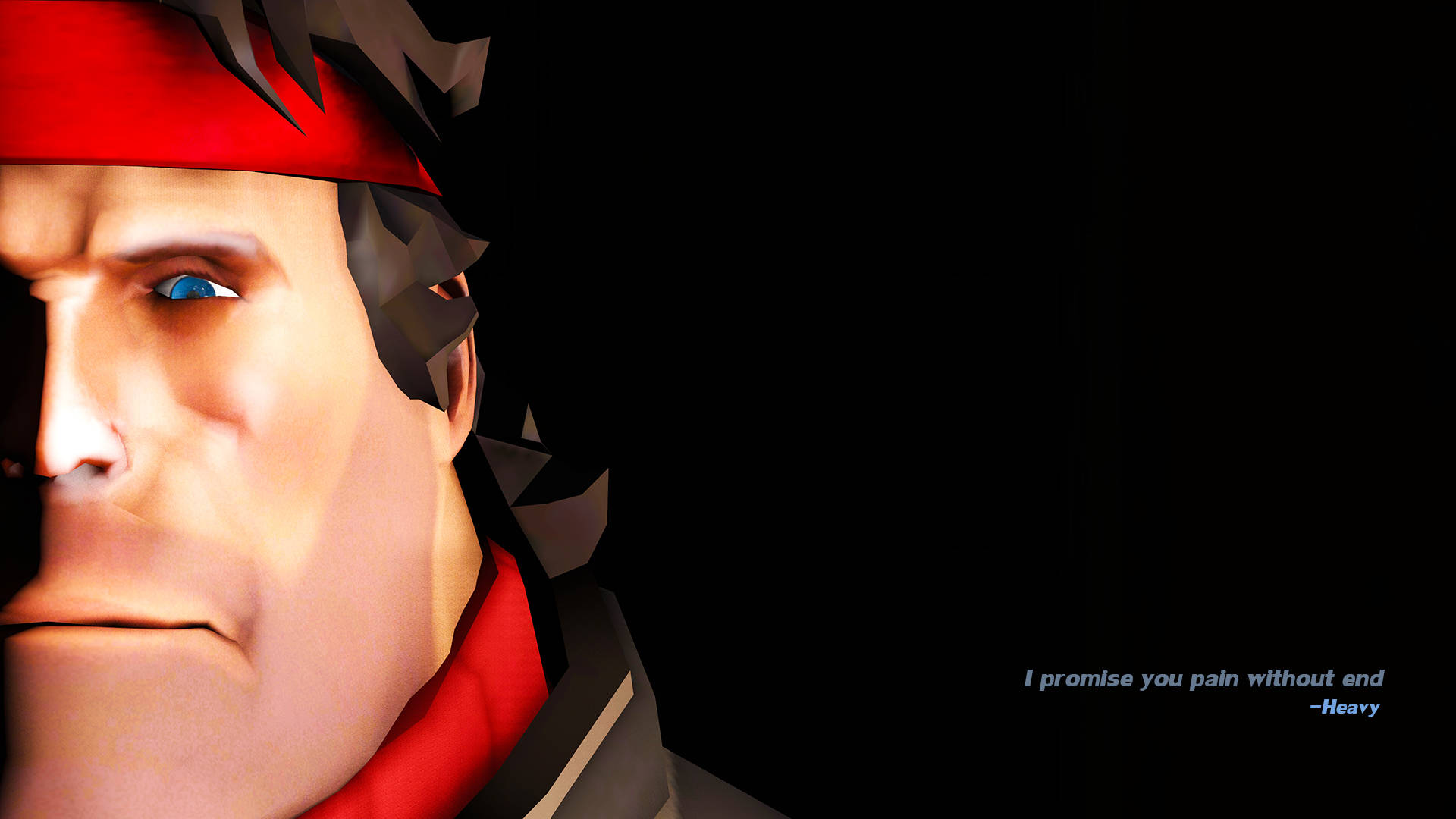 Tf2 4K 重裝兵臉部特寫 壁紙 — 一個低多邊形數碼肖像，描繪一個戴紅色頭帶、藍色眼睛的嚴肅男子，背景為黑色並附有引文。