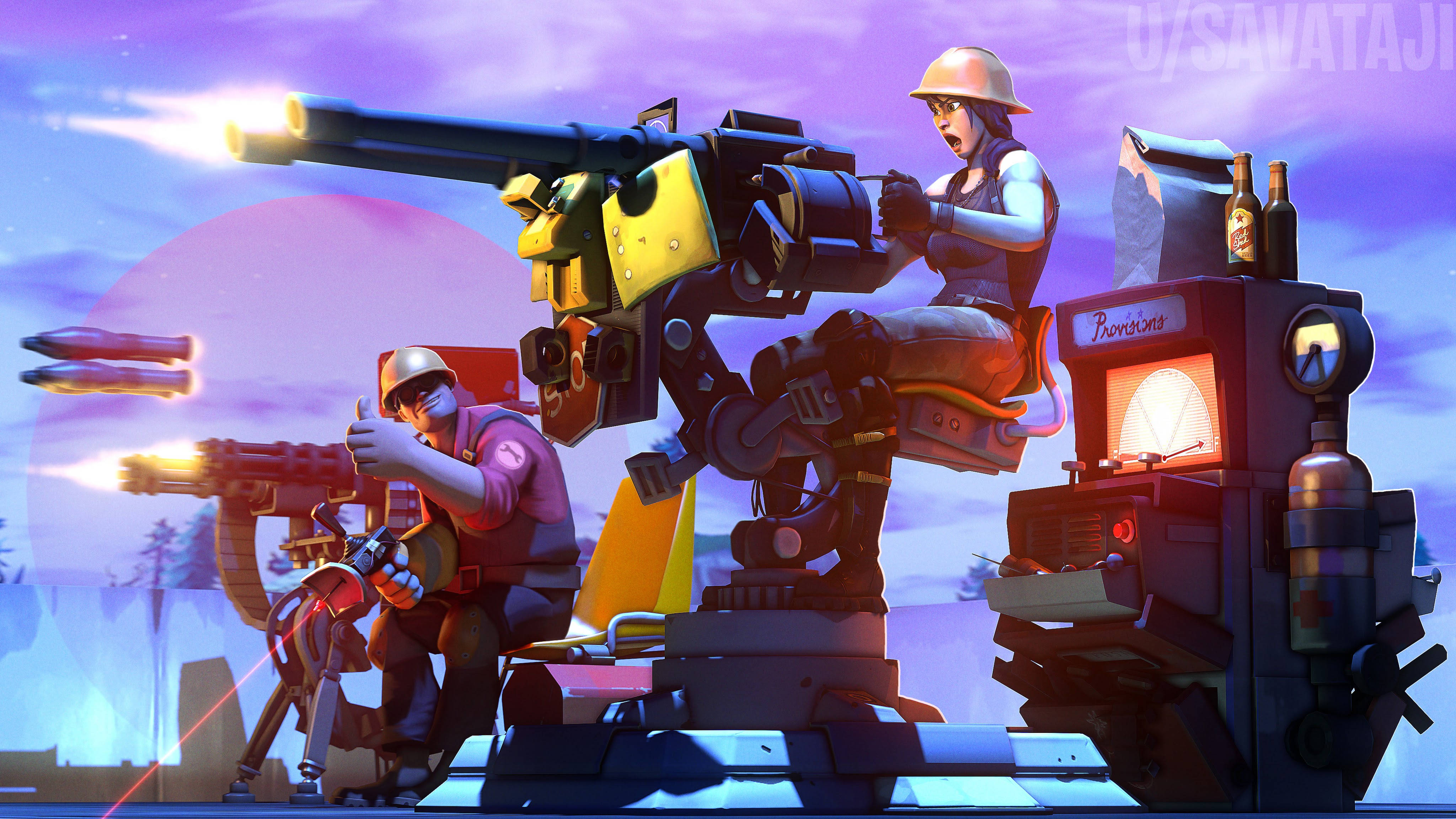 Tf2 4K 電子遊戲戰鬥 壁紙 — 兩名動畫士兵操作重型火炮，對抗超現實的紫色日落天空，天空中有飛行的導彈。