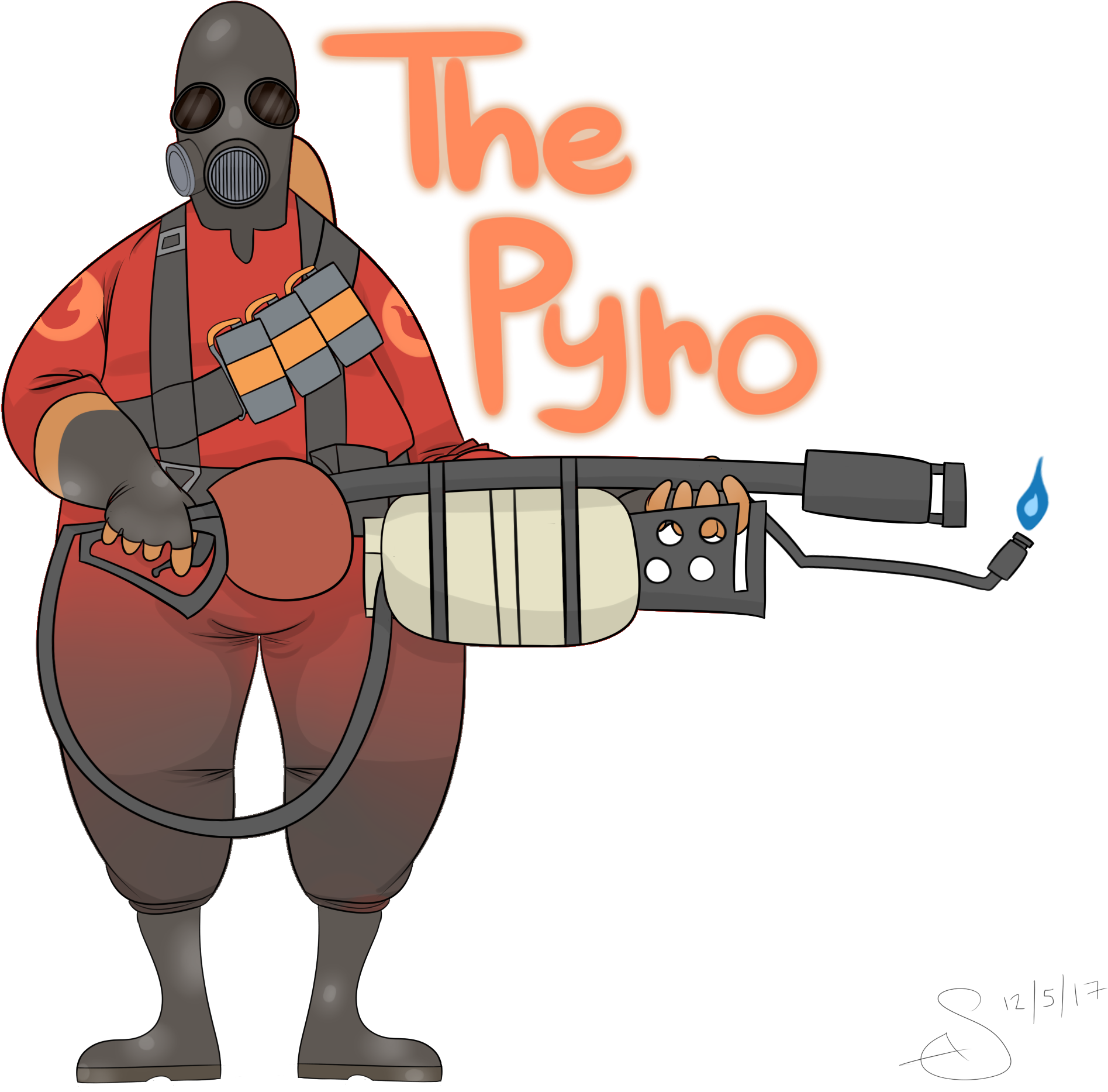 TF2 火焰兵角色藝術 壁紙 — 一個卡通火焰兵角色穿著紅色裝備，在黑色背景前手持藍色火焰的火焰噴射器。