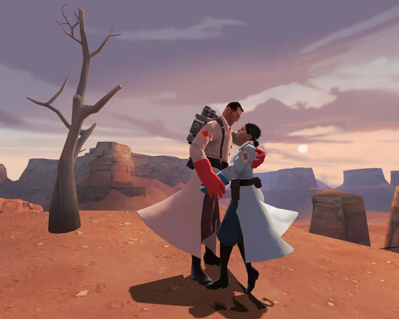 戰鬥混亂中威風凜凜的 TF2 Medic 壁紙 — 兩個身穿實驗袍的動畫角色在荒蕪的沙漠日落景色中溫柔擁抱。
