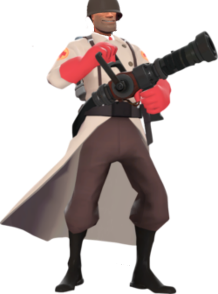 TF2 醫生持治療槍 壁紙 — 一個穿著白色外套和紅色手套的卡通士兵，在黑色背景前拿著一把大型黑色武器。