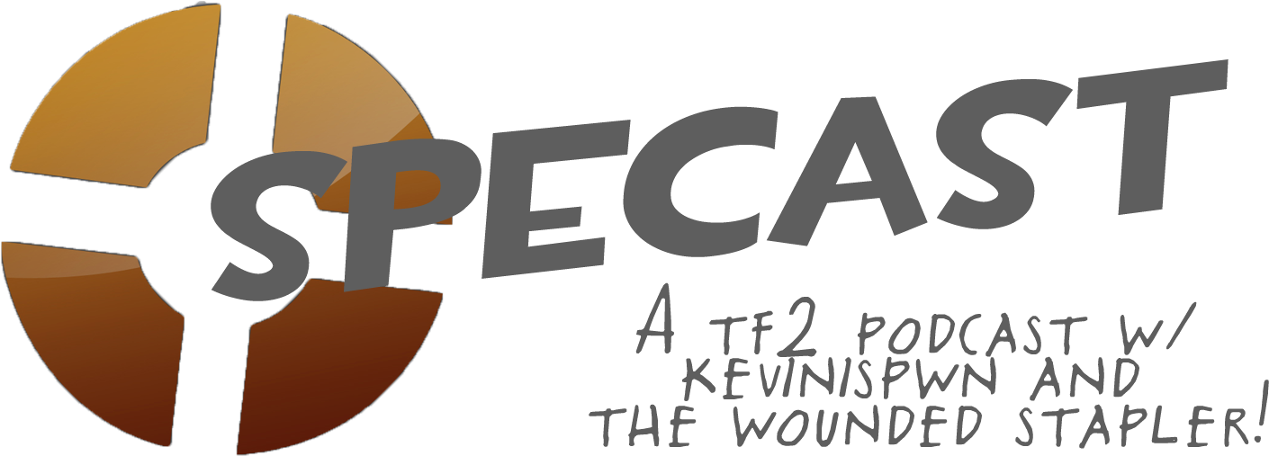 TF2 Specast 電台節目標誌 壁紙 — 黑色背景上，粗體灰色「SPECAST」文字搭配分段橙啡色圓形標誌，下方有手寫播客鳴謝。