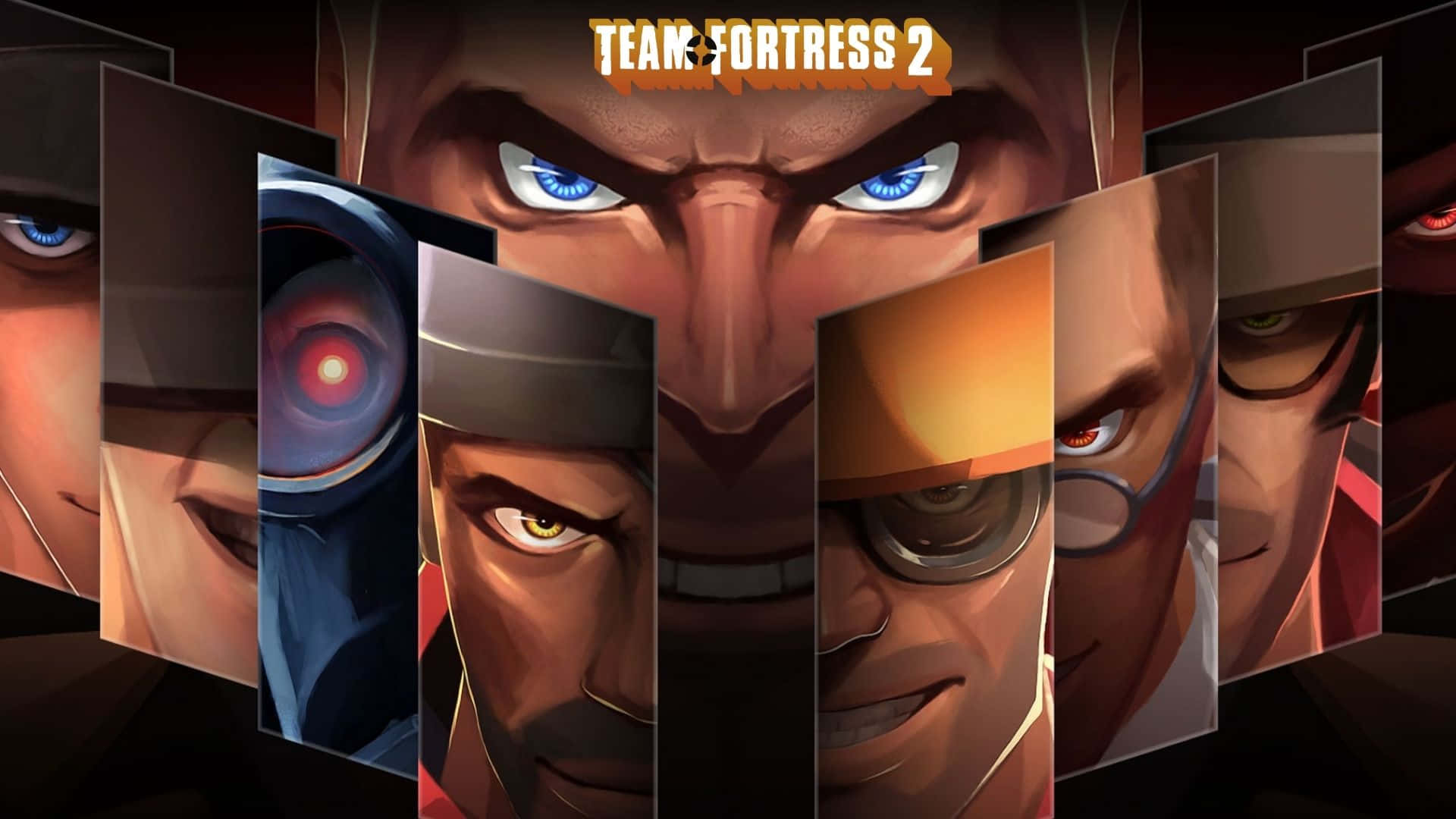 《Team Fortress 2》角色肖像以傾斜面板呈現，表情強烈。