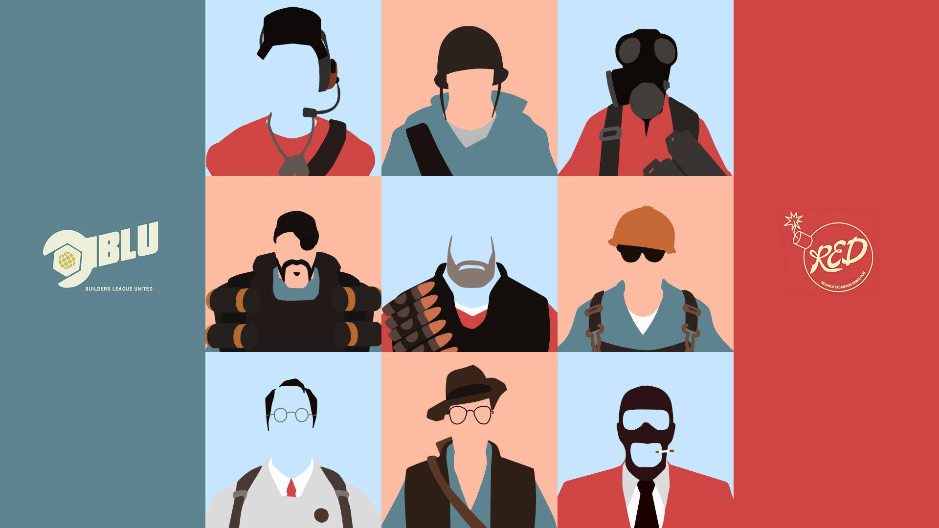九個插圖化的《Team Fortress 2》士兵，身穿 BLU 和 RED 隊伍制服。