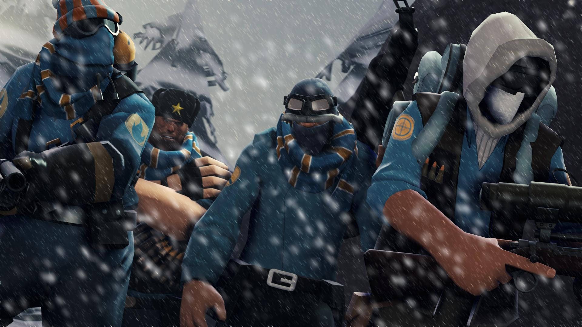 四名身著藍色冬季裝備的武裝士兵站在山附近的暴風雪中。