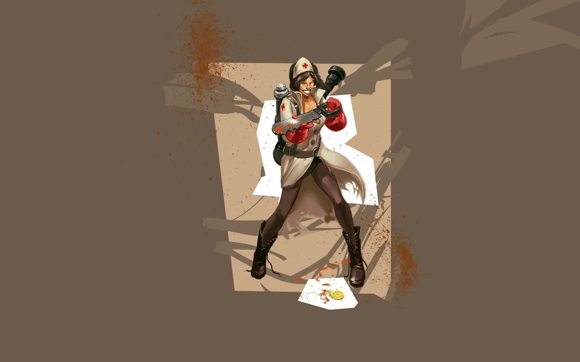 動漫護士角色穿著戰鬥裝備，戴著紅色手套手持武器。