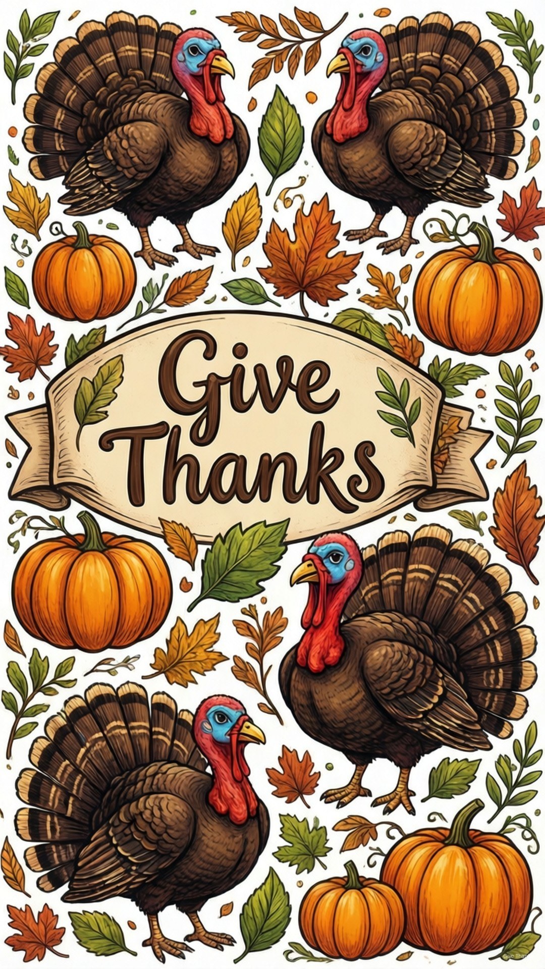 四隻火雞、南瓜和樹葉圍繞著感恩節的 Give Thanks 橫幅