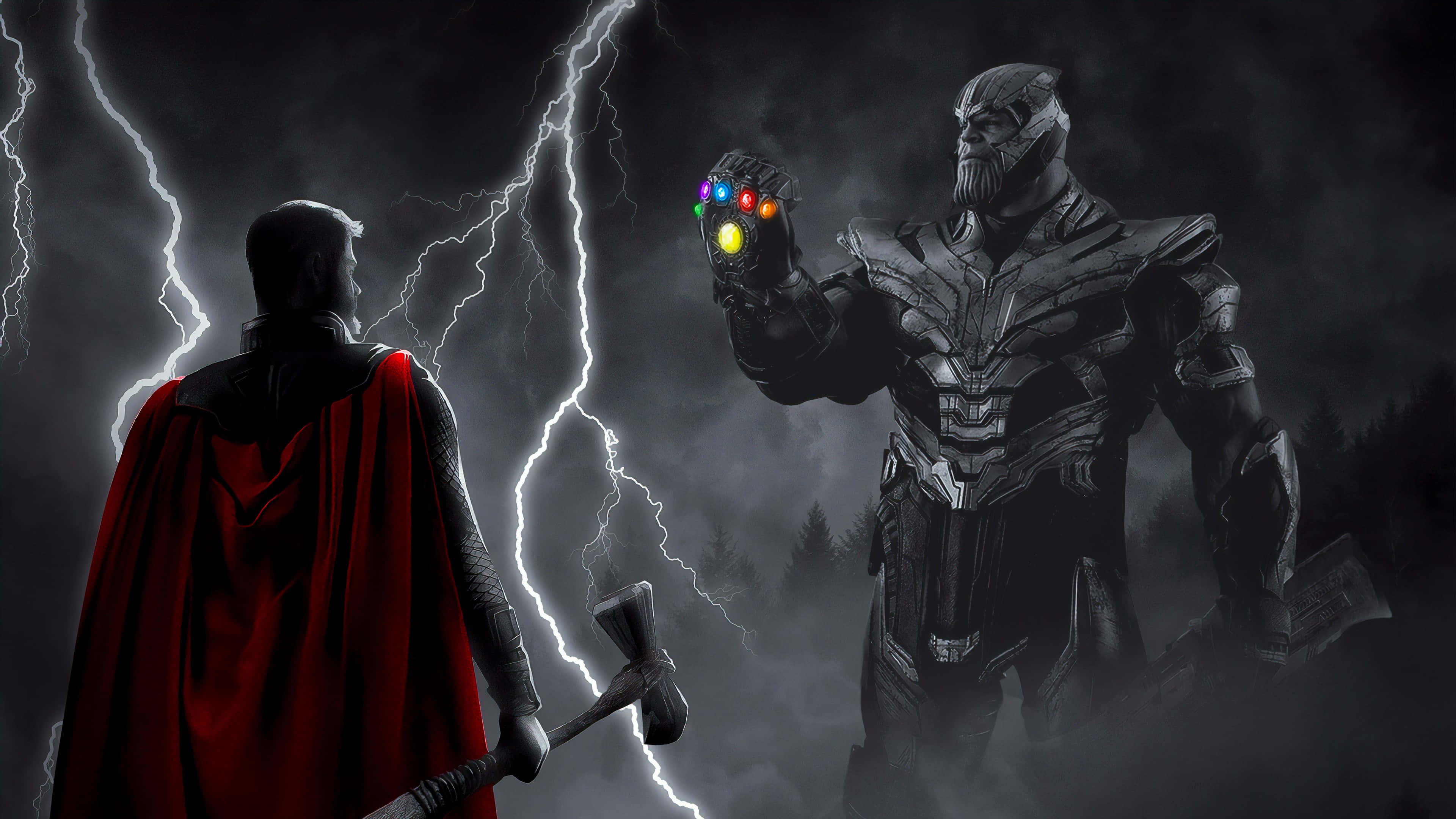 Thanos 4K 數位紅披風索爾 壁紙 — 身穿紅色斗篷的索爾面對揮舞無限手套的薩諾斯，背景是風暴閃電的天空。