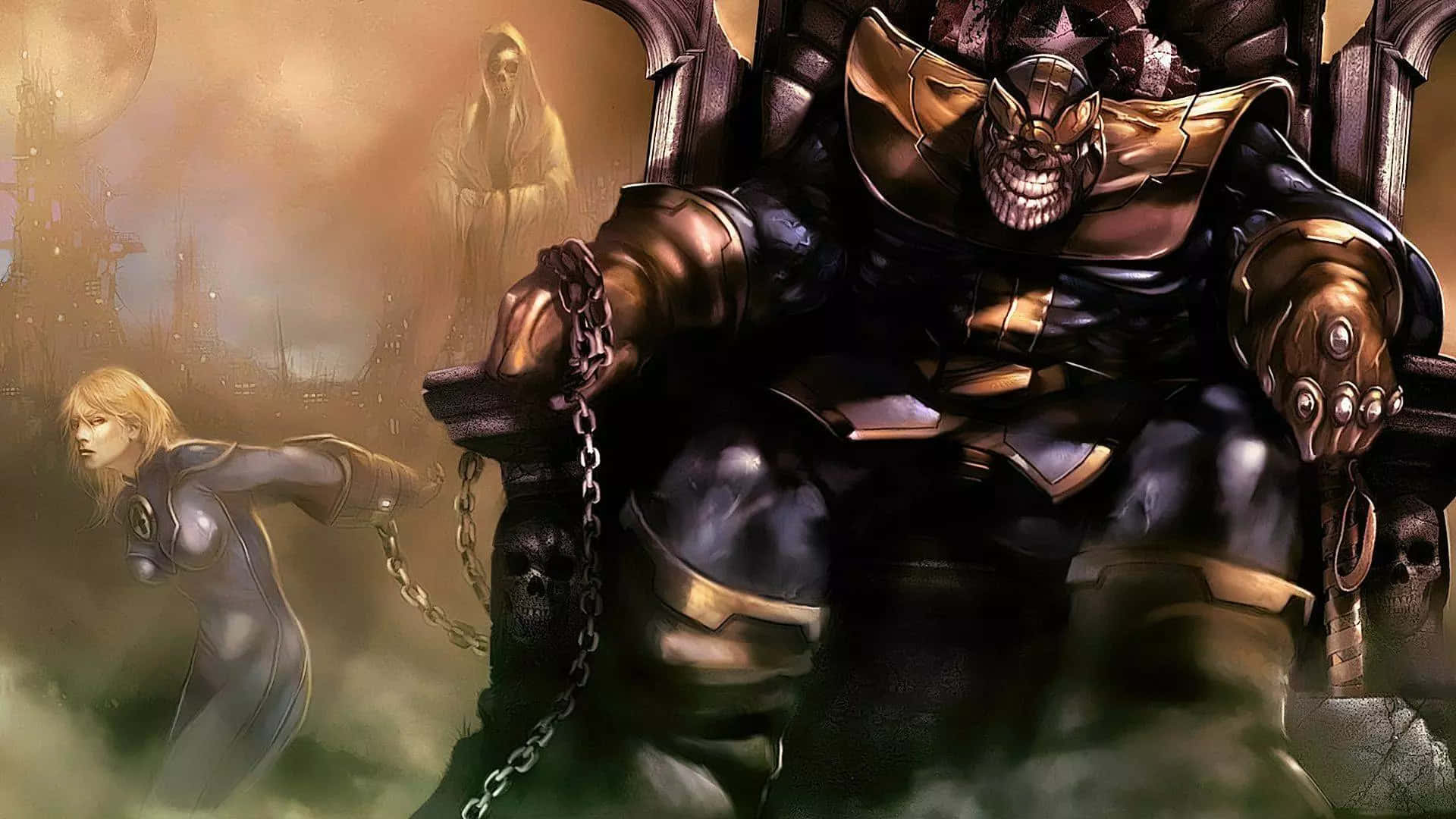 Thanos 數位繪畫 壁紙 — 一個戴著骷髏面具的威脅性裝甲反派坐在一個鎖鏈連著女人的王座上，處於黑暗奇幻場景中。
