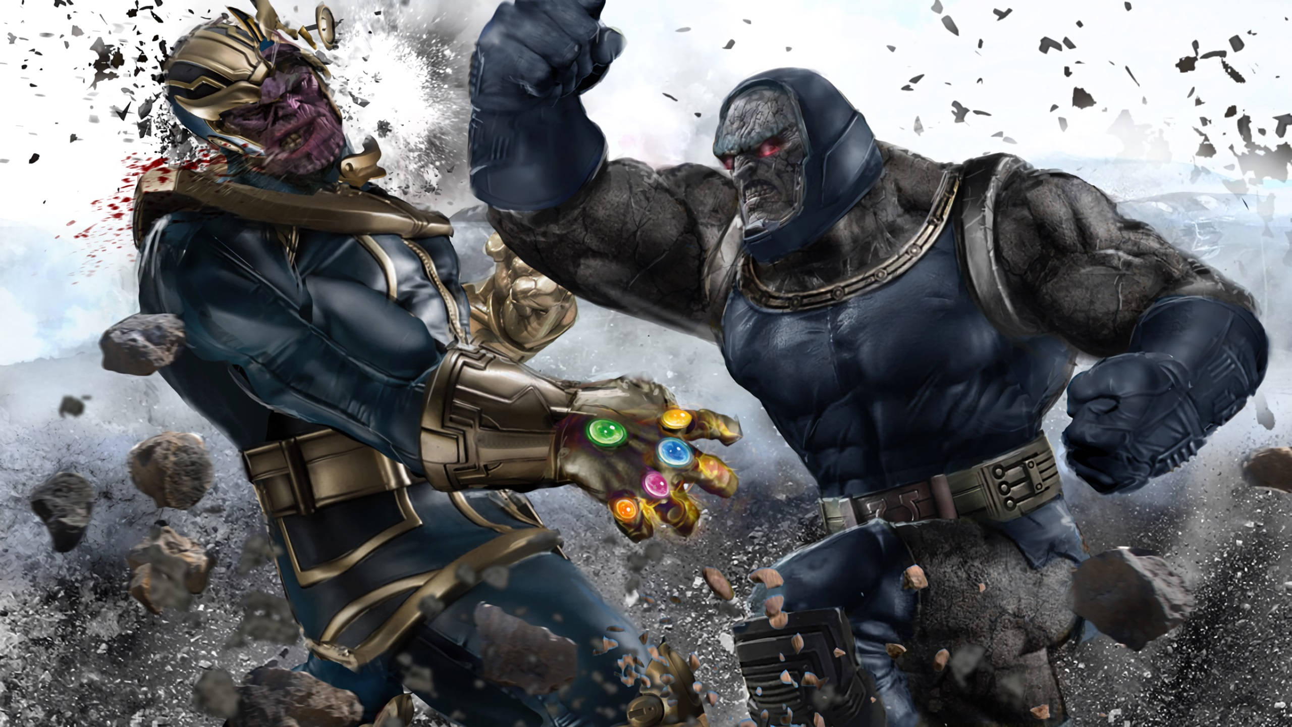Thanos 桌布 壁紙 — Thanos 同 灭霸 喺破碎嘅戰場上衝突，碎片飛揚，Thanos 舉起拳頭。