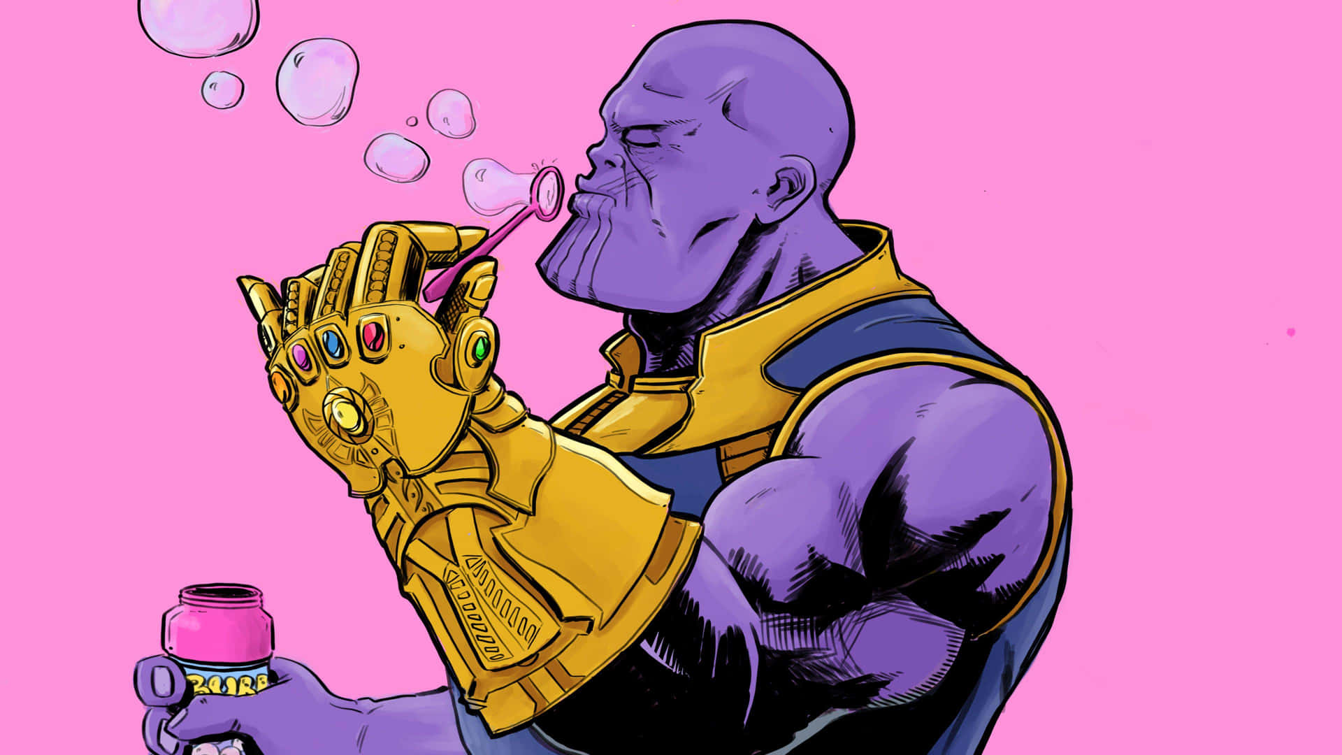 Thanos 戴著無限手套吹出粉紅色泡泡。
