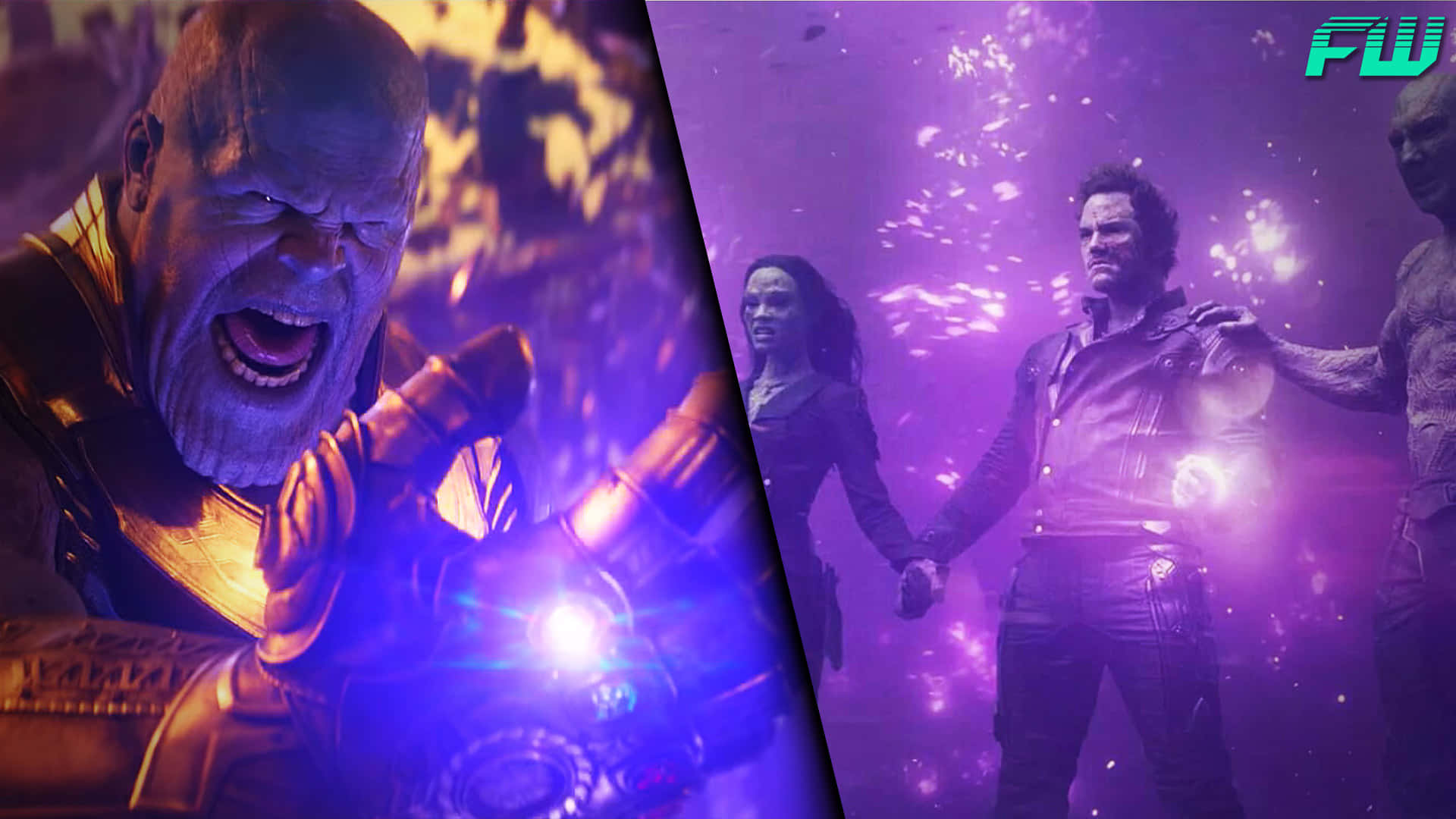 Power Stone 桌布 壁紙 — Thanos 咆哮著發光的紫色手套，而銀河守護者則在宇宙紫色光芒中挑釁地站立。