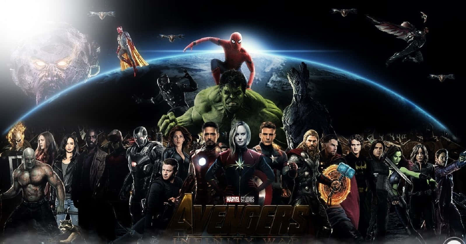Thanos必須為其罪行付出代價 壁紙 — 復仇者聯盟在宇宙背景下集結，地球在下方，黑暗天空中潛伏著威脅性的反派。