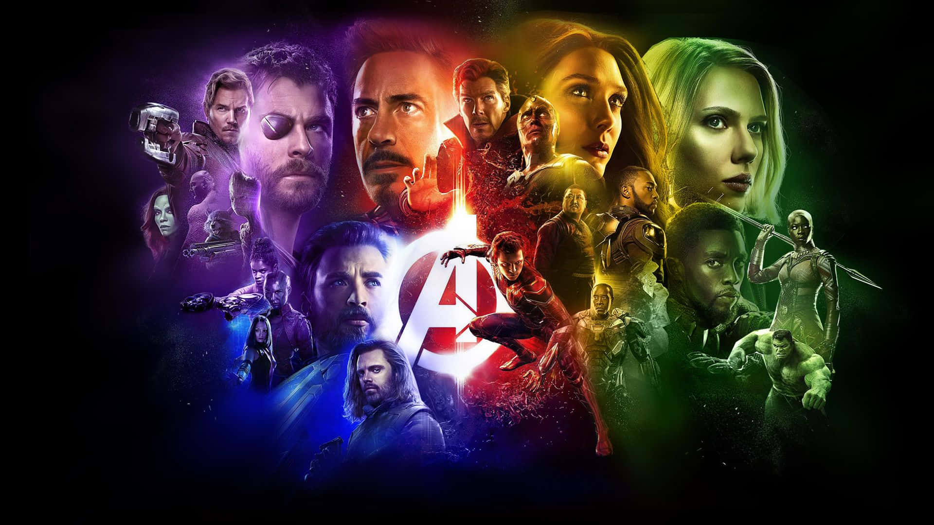 Thanos與紅骷髏站在宇宙命運的十字路口——《復仇者聯盟：無限戰爭》 壁紙 — 一幅充滿活力的復仇者聯盟超級英雄拼貼畫，在黑暗的宇宙背景下散發出色彩繽紛的能量。