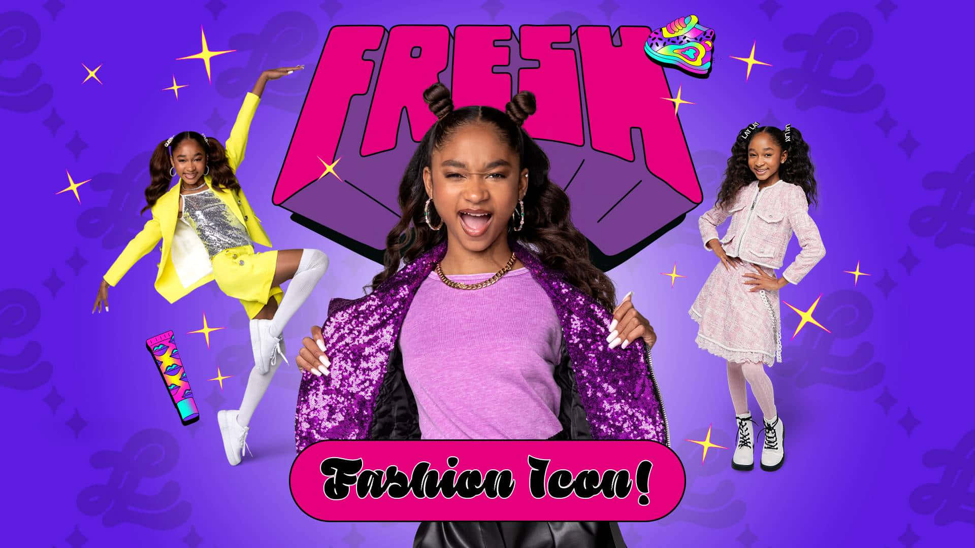 三個穿著色彩繽紛服裝的女孩與「Fresh」和「Fashion Icon!」文字一起擺姿勢。