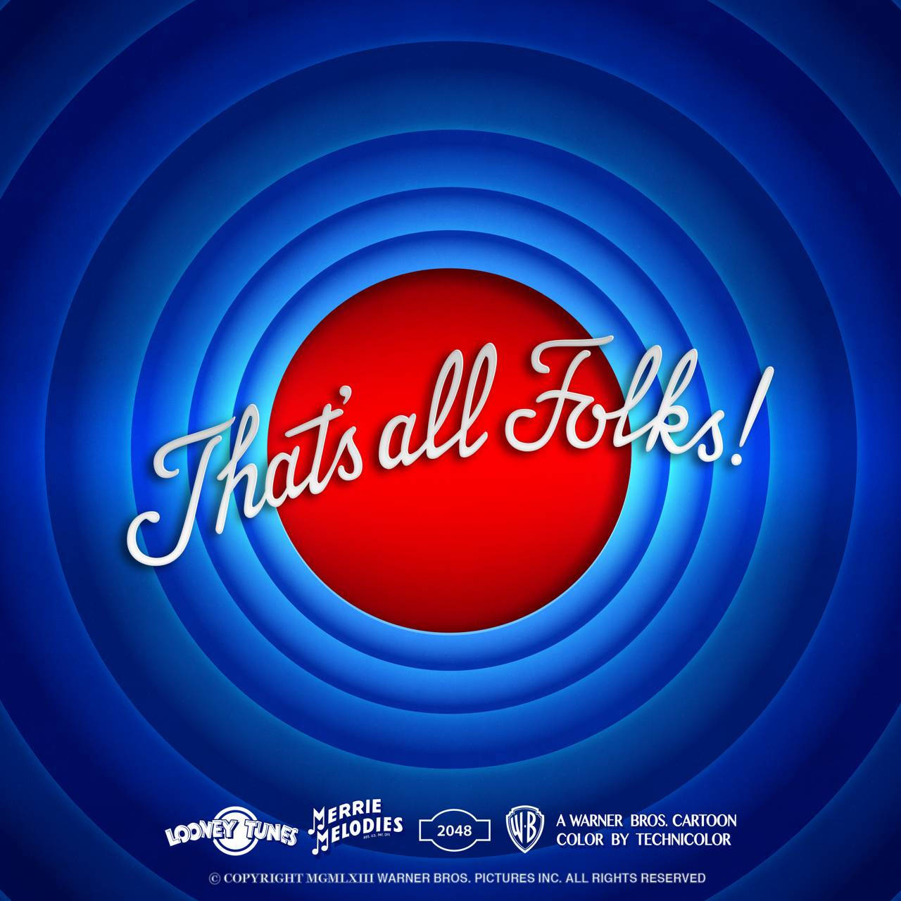 「That's All Folks」藍紅背景版 壁紙 — 經典 Looney Tunes 結尾標誌，帶有同心藍色圓環和紅色中心，顯示白色草書文字。