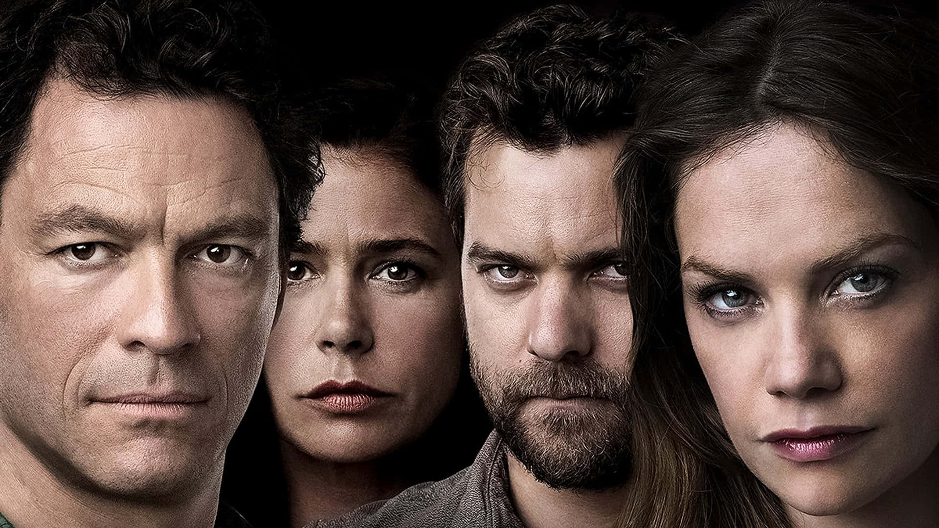 《The Affair》電視劇演員陣容 壁紙 — 四位表情強烈的演員在深色背景下嚴肅地向前凝視。