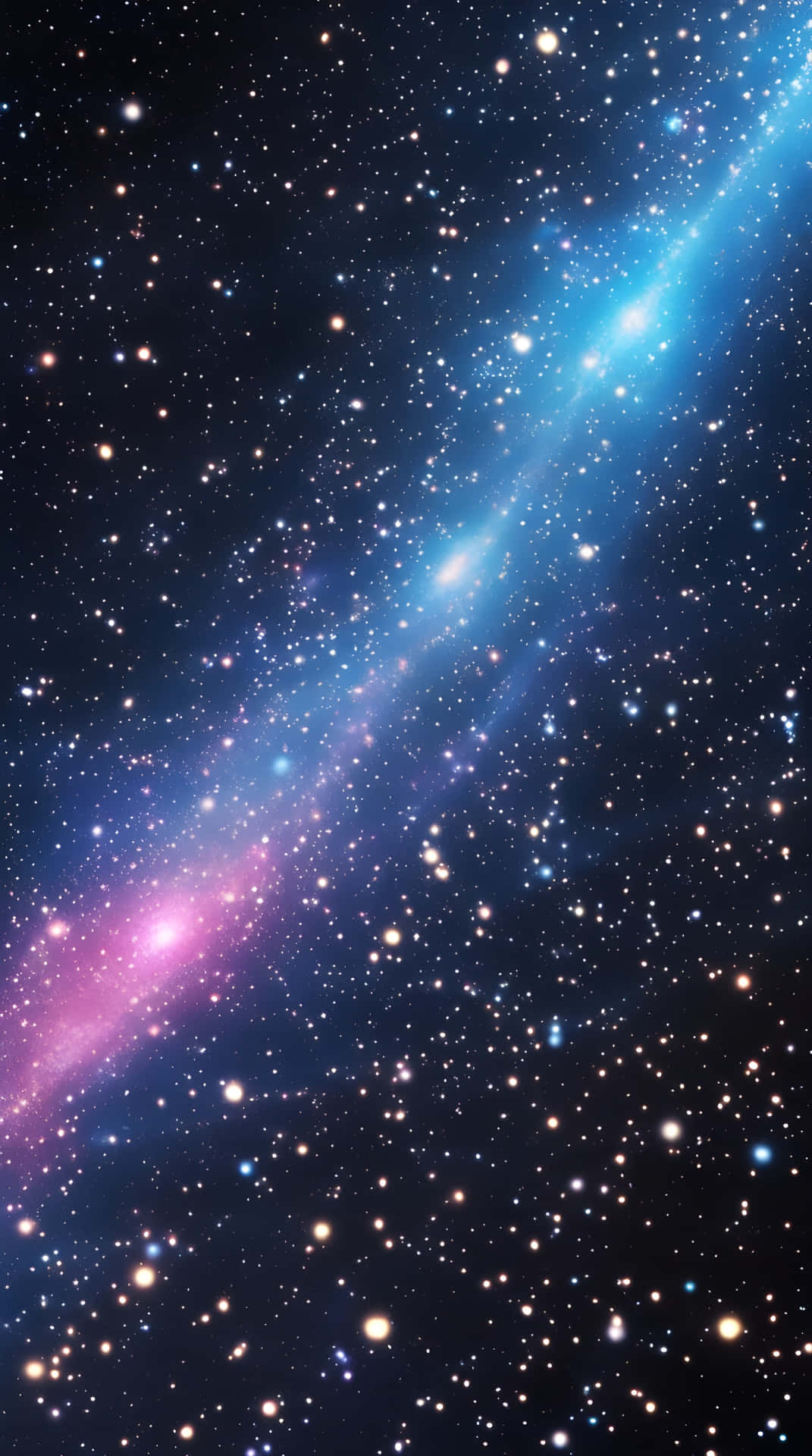 一條鮮豔的藍色和粉紅色星雲劃過深空中的星場。