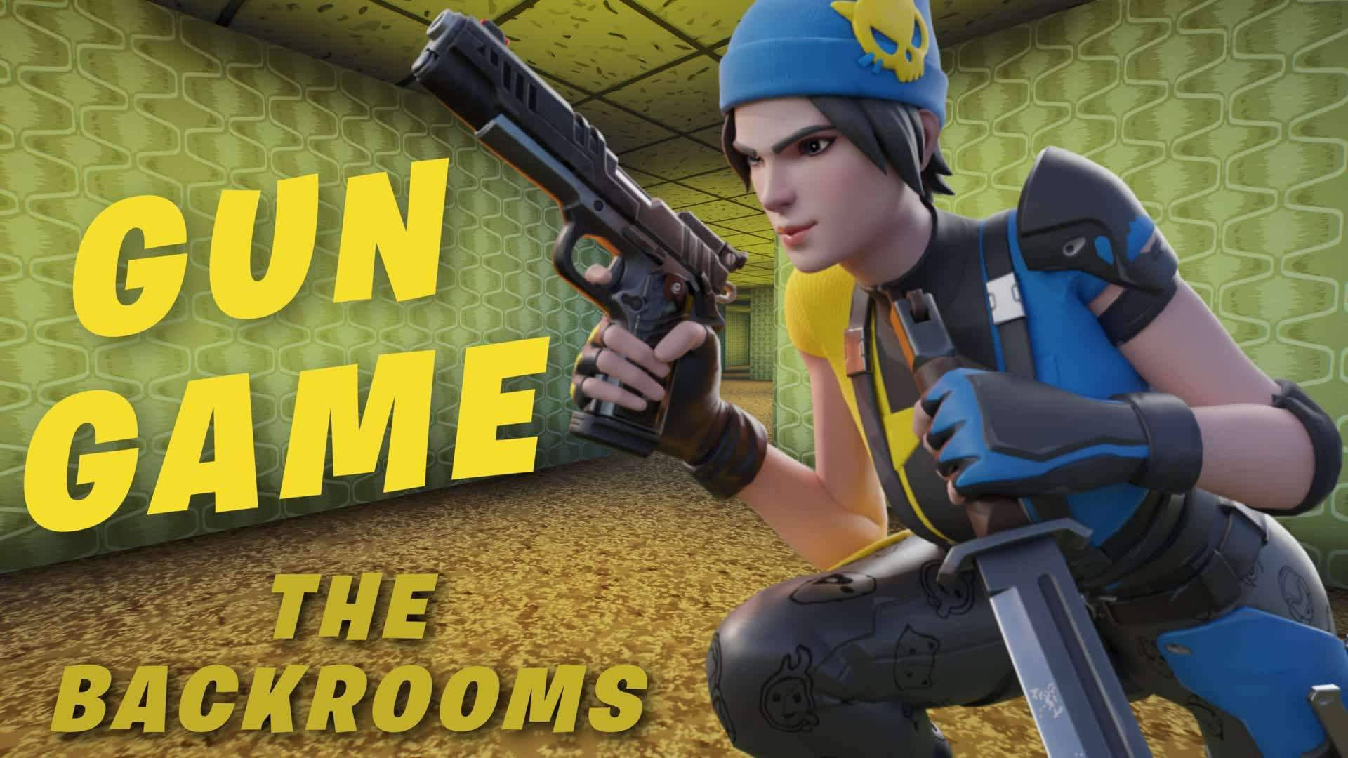 遊戲角色在黃色房間裡手持手槍和刀，文字 gun game the backrooms。