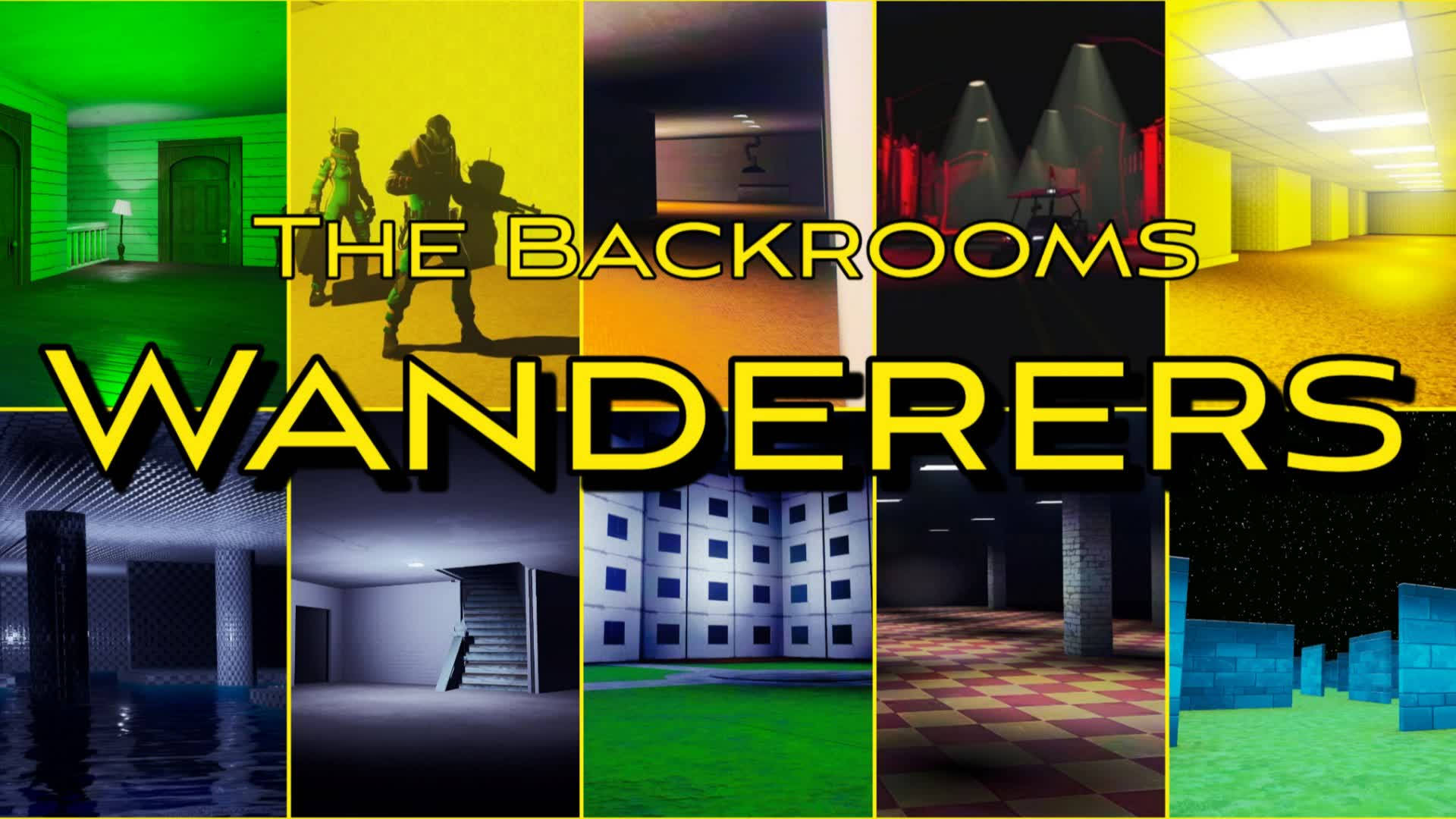 The Backrooms Wanderers拼貼畫，展示怪異的走廊和鮮豔色彩的剪影。