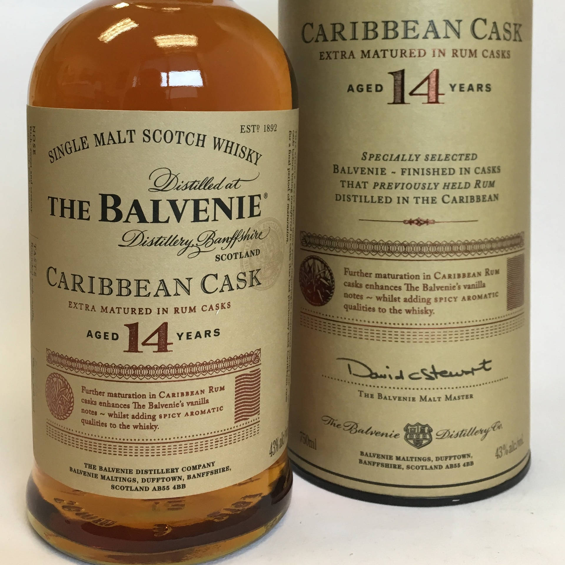 兩瓶Balvenie 14年Caribbean Cask威士忌，帶有詳細標籤。