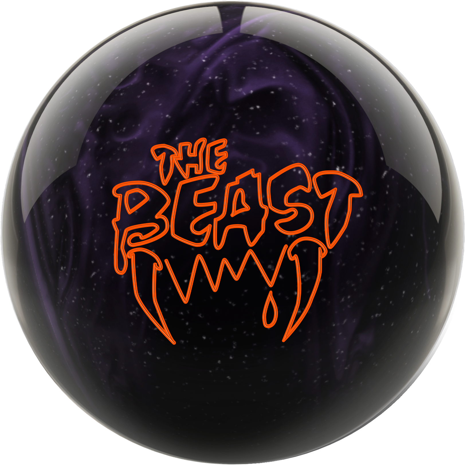 The Beast 保齡球 壁紙 — 一個帶有紫色漩渦和橙色霓虹文字「THE BEAST」的光澤保齡球，背景為黑色斑點。