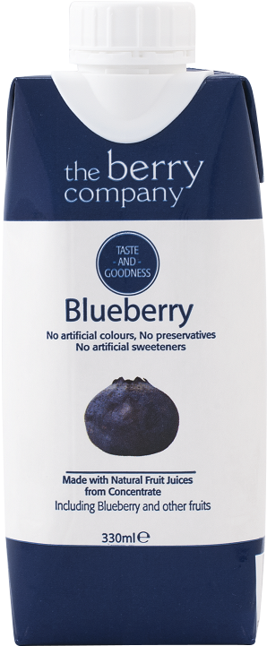 The Berry Company 藍莓果汁包裝 壁紙 — The Berry Company 的乾淨藍莓汁紙盒，帶有白色標籤和深藍色點綴，並有一個藍莓插圖。