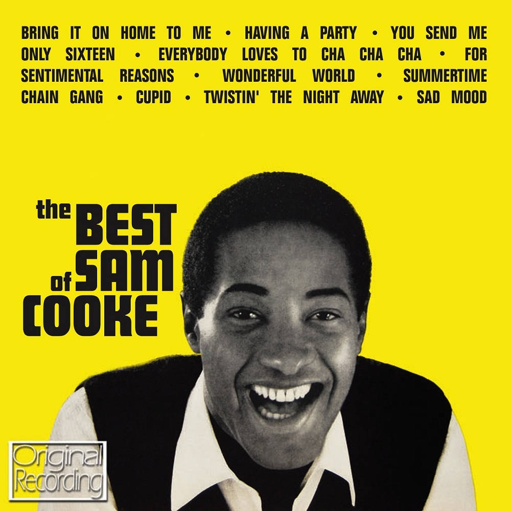 《The Best of Sam Cooke》專輯封面，以黃色背景搭配微笑肖像和歌曲名稱。