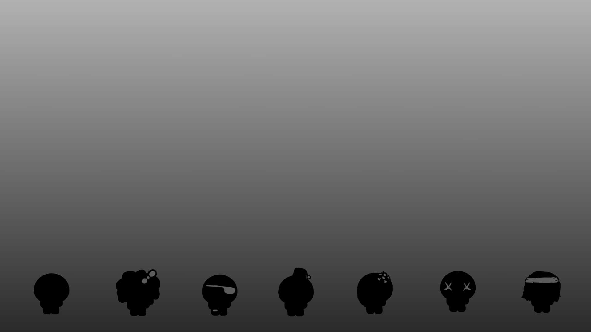 The Binding of Isaac 灰底背景 壁紙 — 七個極簡風格的黑色剪影人物排成一列，背景是平滑的灰色漸變。