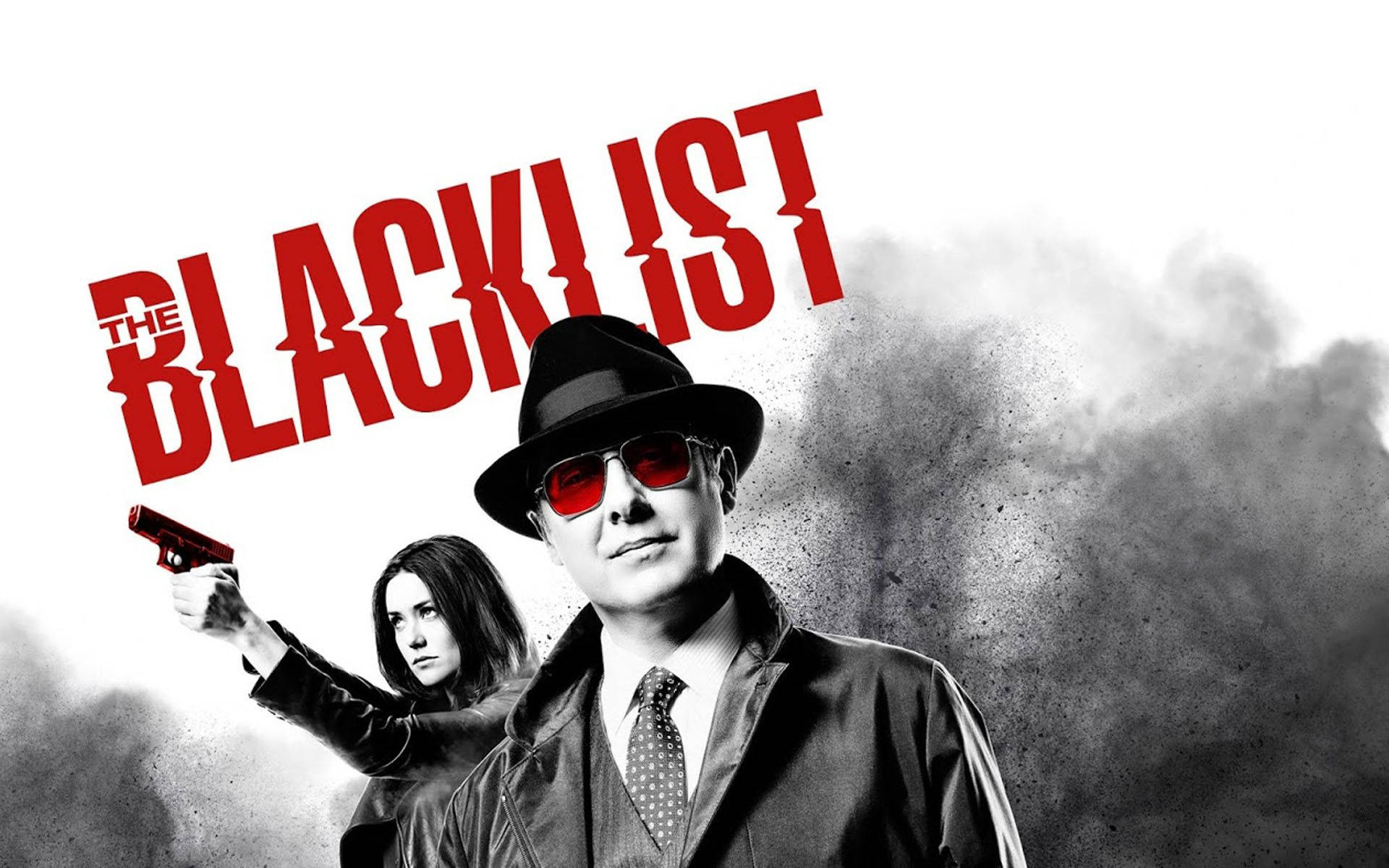 戴紳士帽和紅色太陽眼鏡的男人與持槍的女人，「The Blacklist」標題。