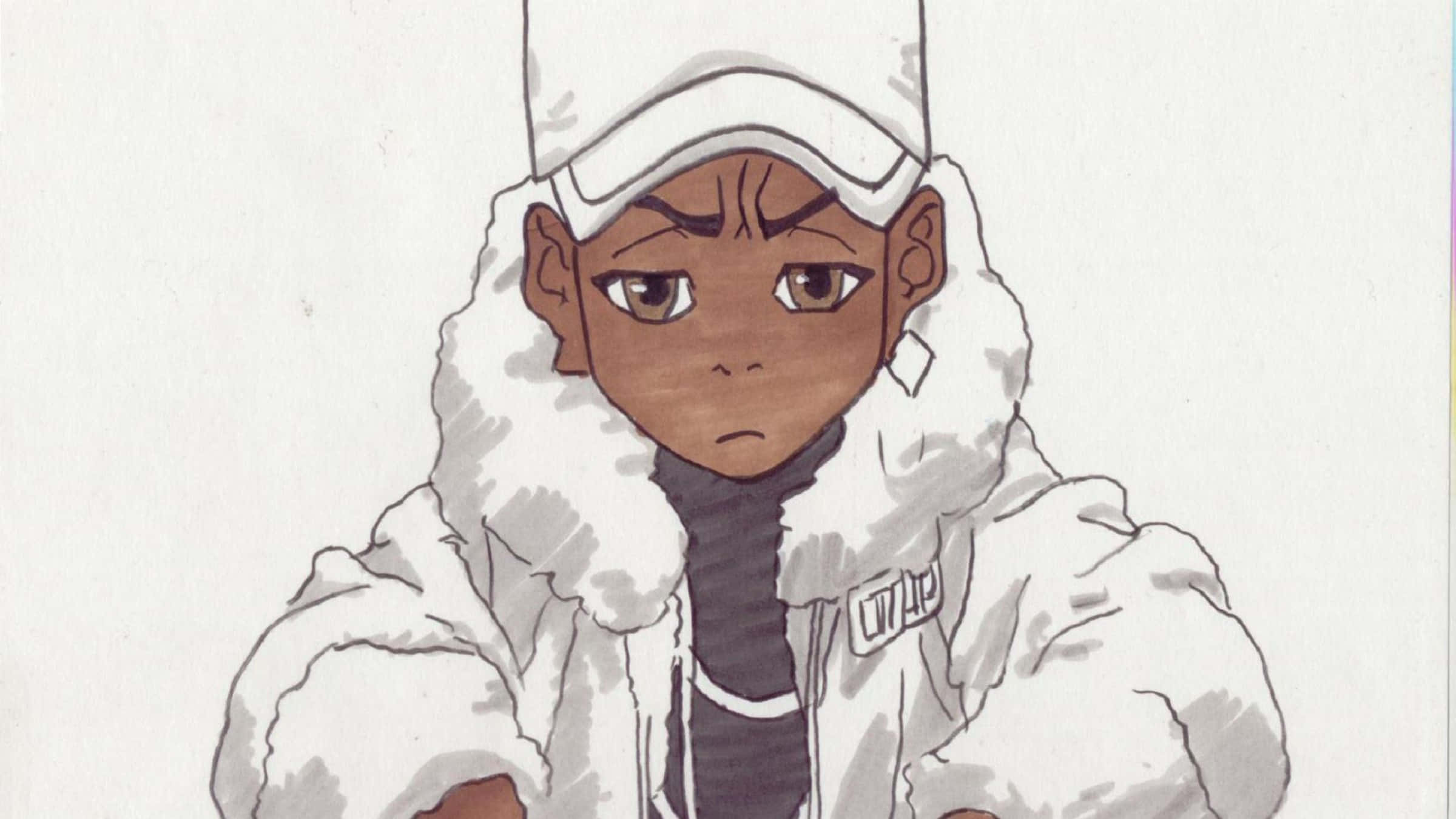 《The Boondocks》– 一部獨特古怪的故事 壁紙 — 一個年輕嘅深色皮膚動漫角色，著住白色毛領外套同帽，喺純色背景前表情嚴肅。