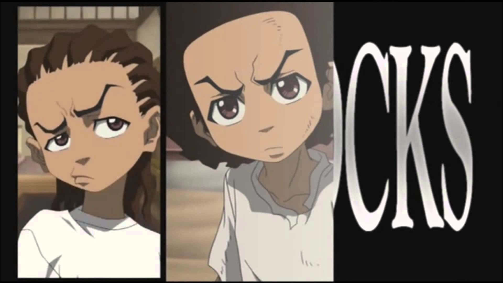 《The Boondocks》中的角色Uncle Ruckus 壁紙 — 兩個動漫角色帶著憤怒的表情，在深色背景上以粗體白色文字直視前方。