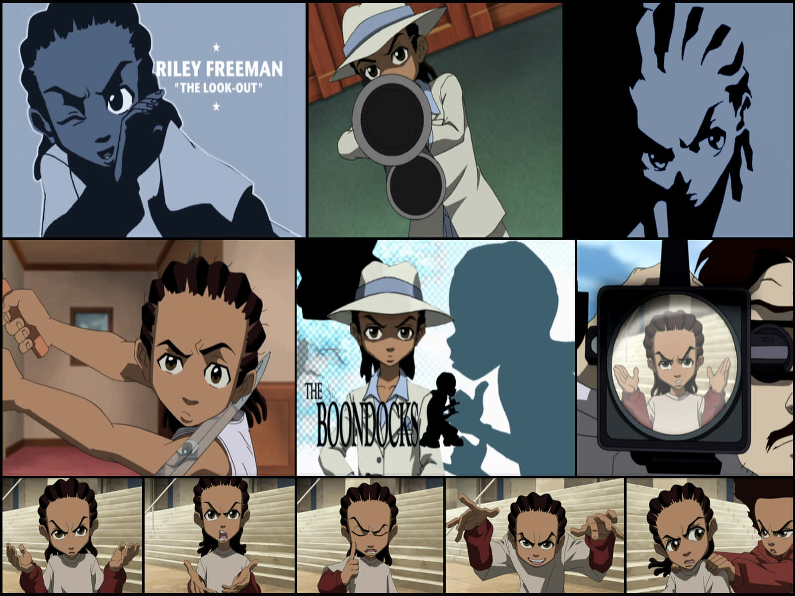 《The Boondocks》——充滿奇遇的異想世界 壁紙 — 一幅動畫面板拼貼畫，展示《The Boondocks》中的Riley Freeman以各種富有表現力的姿勢和場景出現。
