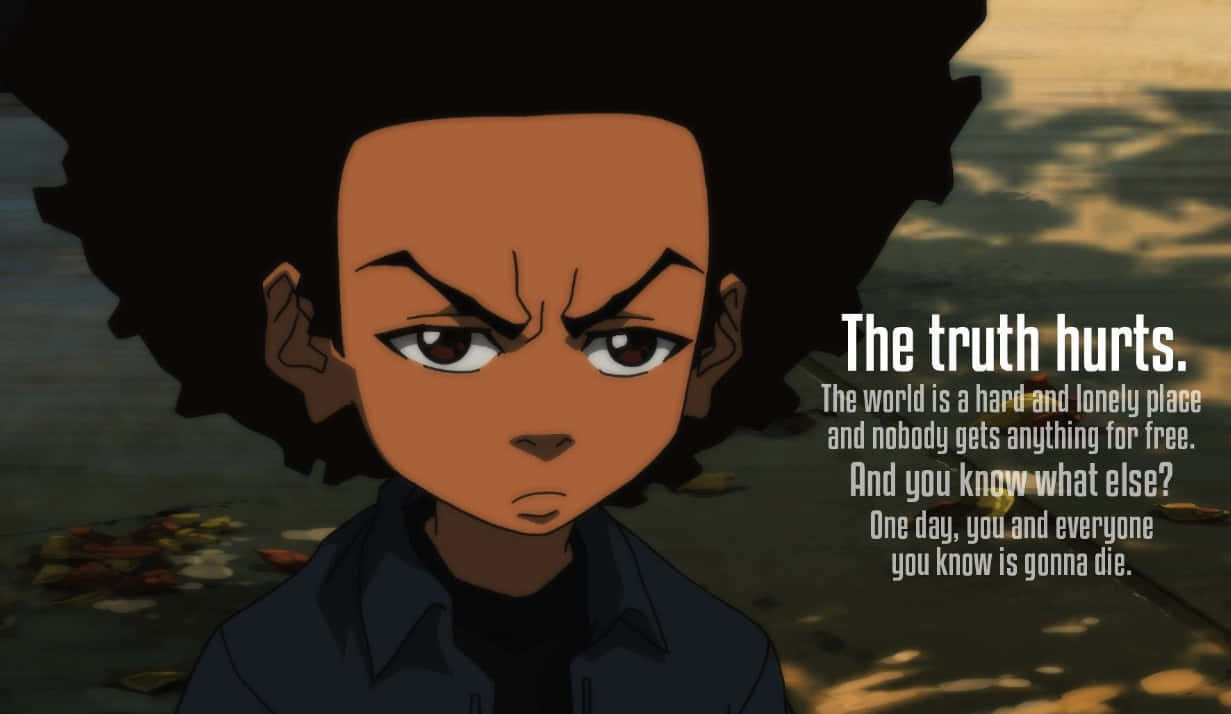 The Boondocks 群眾活躍生活 壁紙 — 一個決心堅定的年輕動漫角色，留著非洲式髮型，在夕陽背景下，伴隨著落葉和文字疊加，凝視著前方。